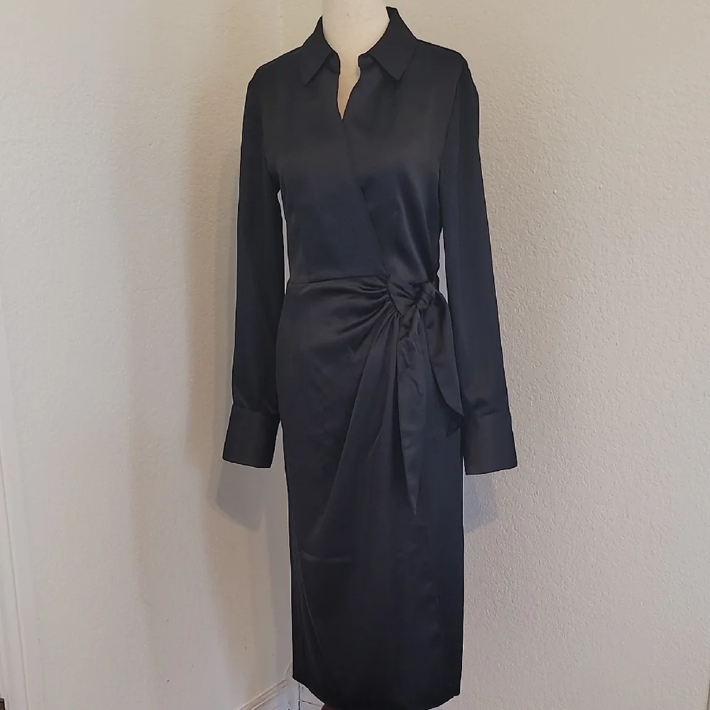 Sophisticated Black Satin Wrap Dress - Picture 4 of 9
